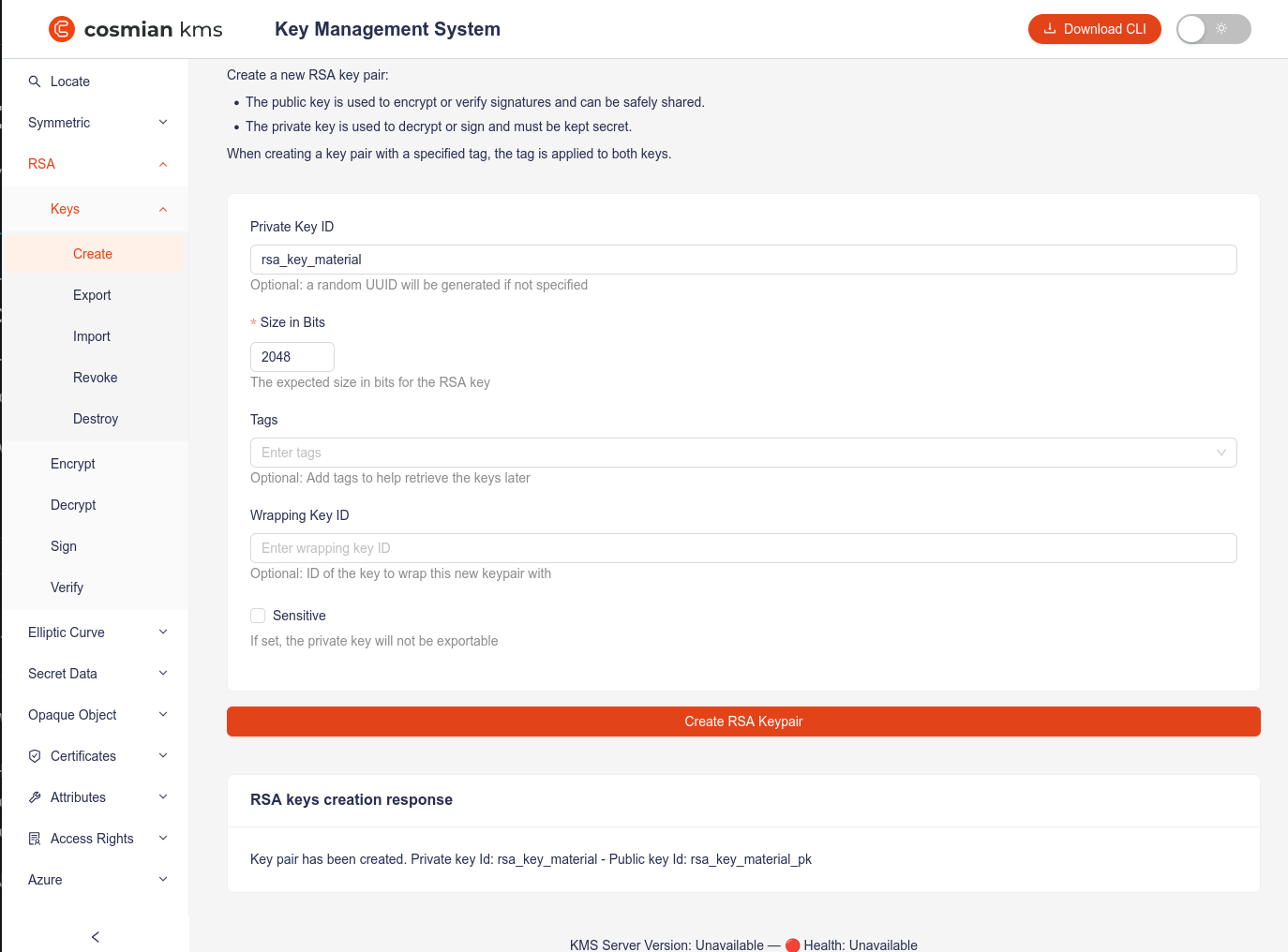 Create an RSA key in Cosmian KMS