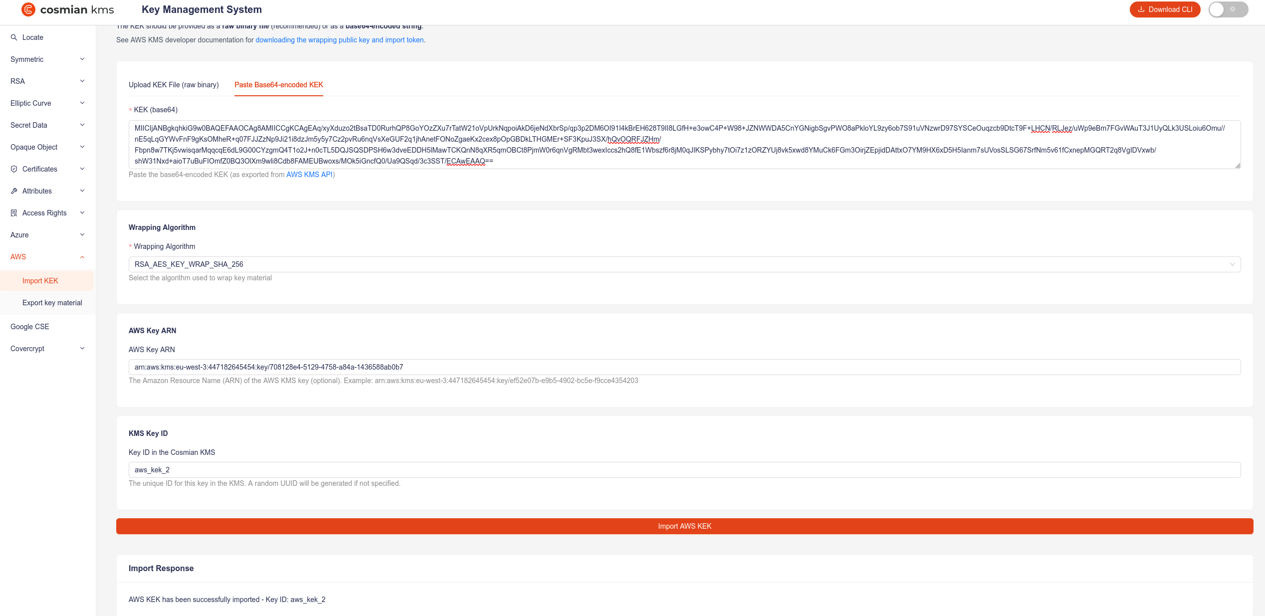 Import the AWS KEK into Cosmian KMS