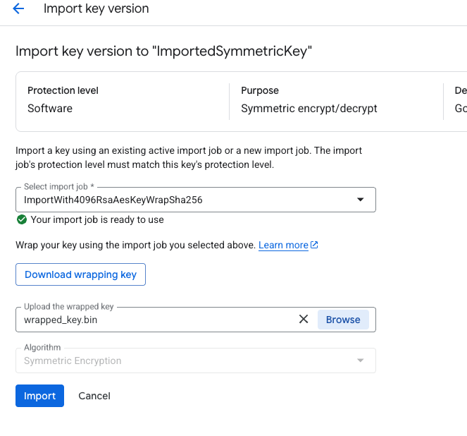 Import the wrapped key in Google Cloud KMS