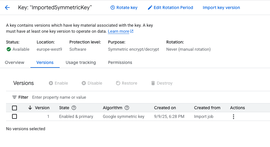 The key should now be available in the Google Cloud KMS